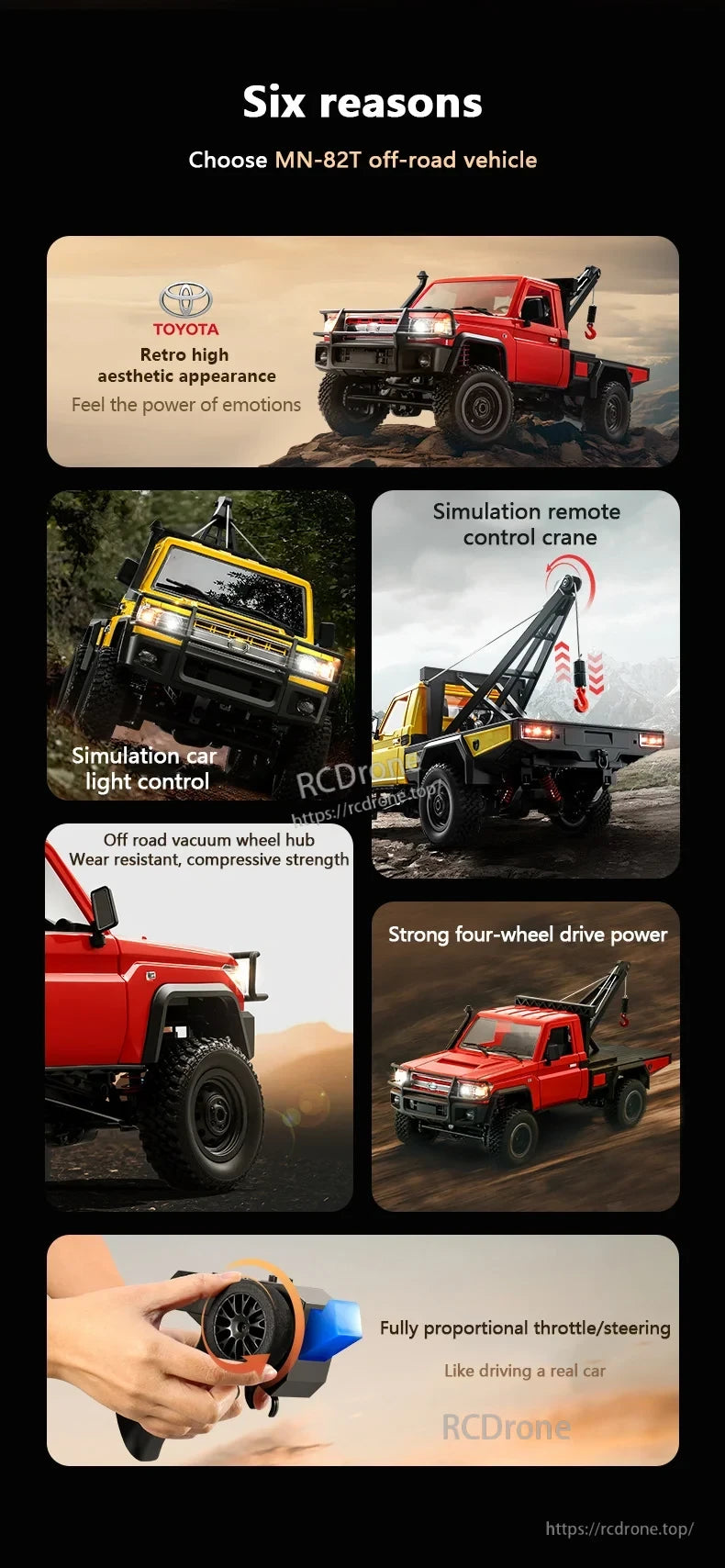 XKS MN82T 1:12 RC Crane, Retro Toyota design with simulation lights, remote crane, durable wheels, strong 4WD, and proportional control for realistic off-road driving experience.