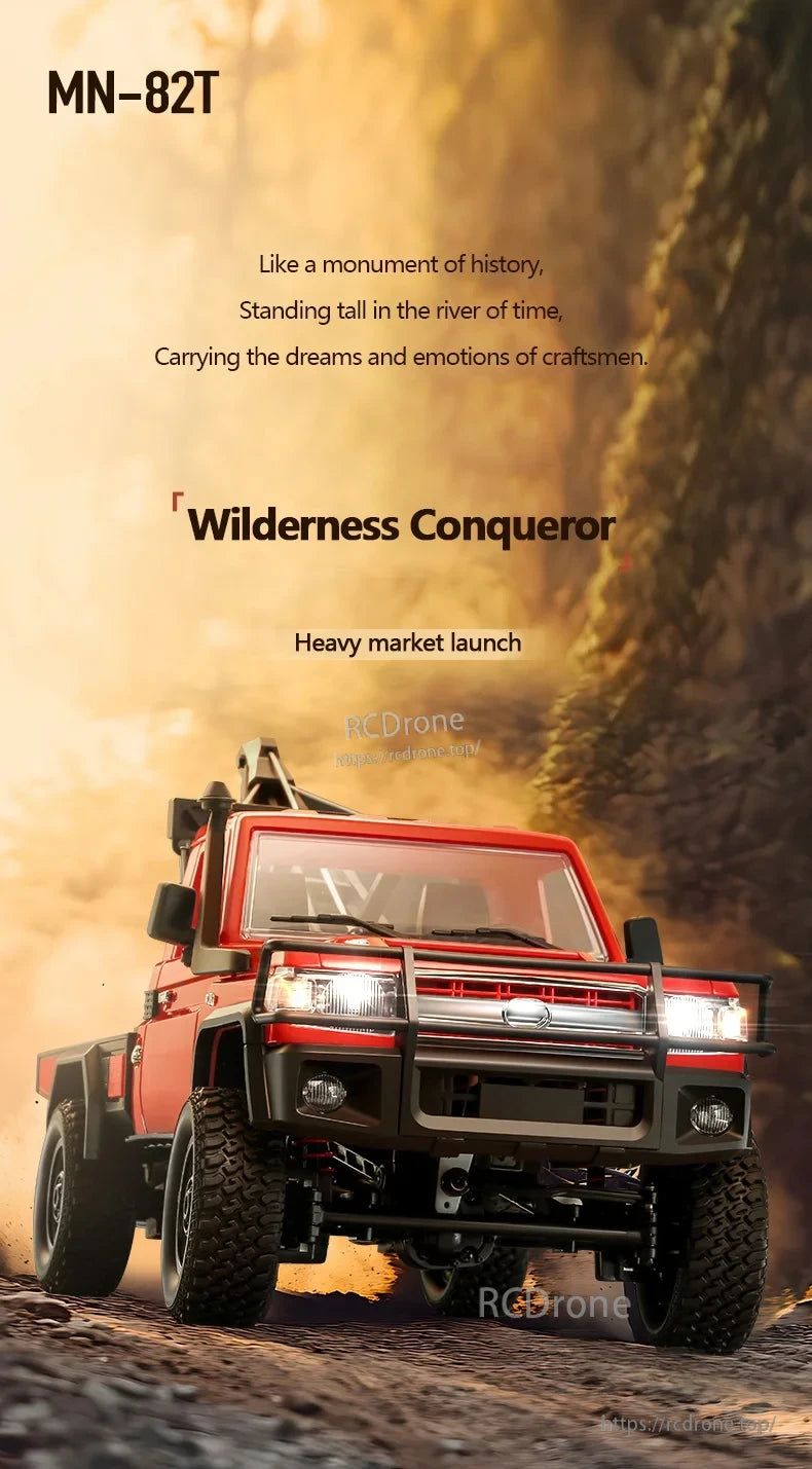 XKS MN82T 1:12 RC Crane, MN-82T Wilderness Conqueror, a heavy-duty red RC crane truck, launches for the rugged terrain market.