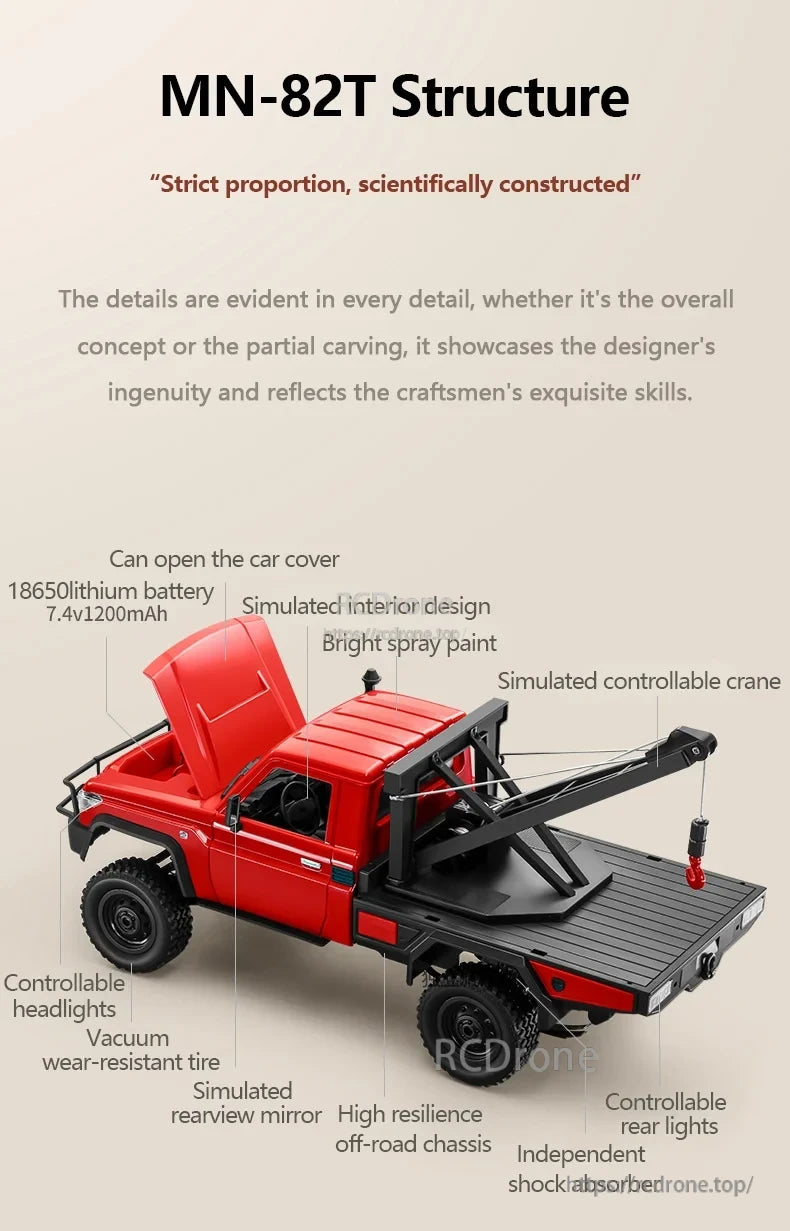 XKS MN82T 1:12 RC Crane, RC crane MN-82T features precise design, openable hood, 18650 battery, simulated interior, working crane, lights, vacuum tires, durable chassis, and independent shock absorbers.