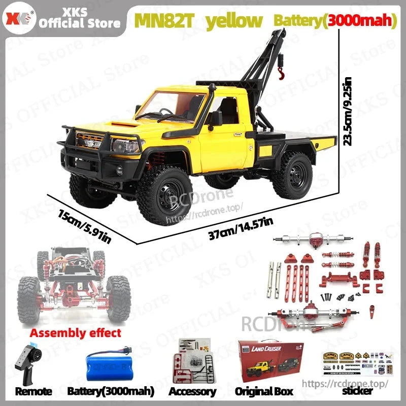 XKS MN82T LC79 1:12 4WD RC pickup crane with 2.4G control and remote hook.