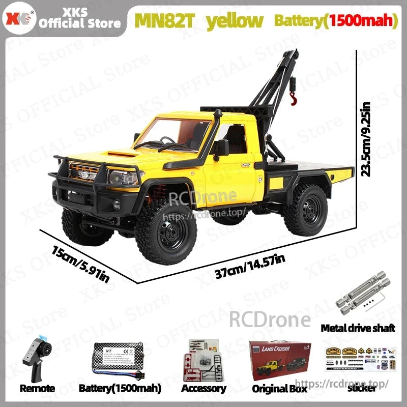MN82T 1:12 scale yellow RC pickup crane with 4WD, 2.4G control, remote hook, 7.4V LiPo battery, 50m range, metal shaft, and accessories—built for off-road terrain.