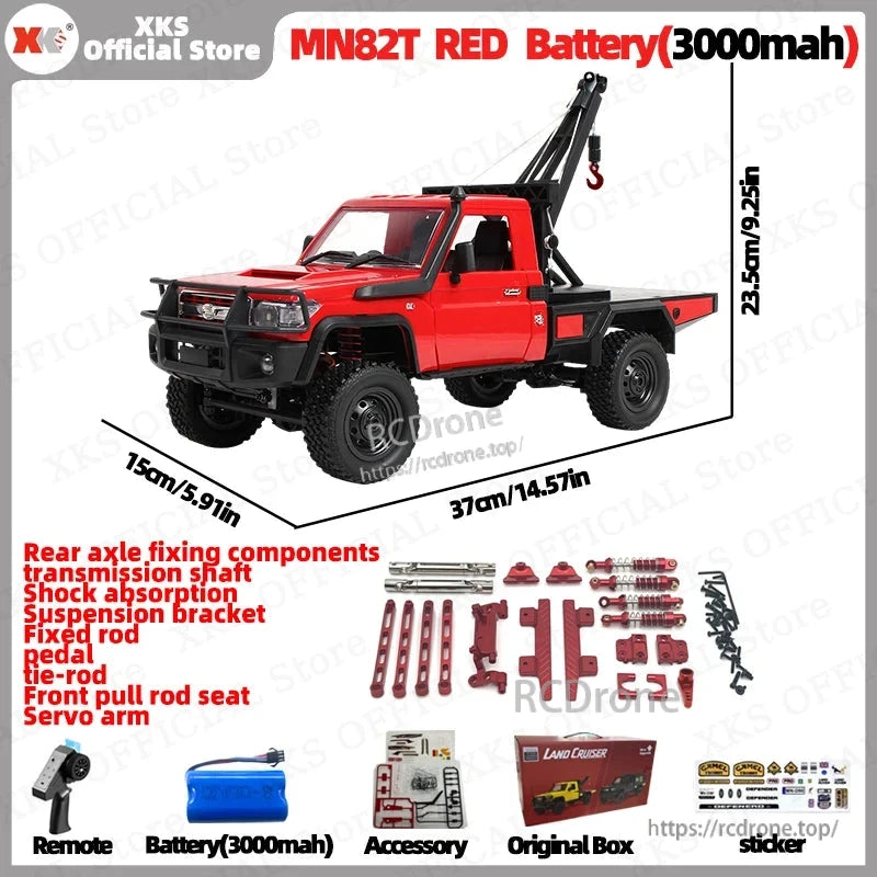 The XKS MN82T RED Battery RC Pickup Crane is a 1:12 scale, 4WD off-road climber with 2.4G control, remote hook, LiPo battery, and realistic design, ideal for rugged terrain and precision driving.
