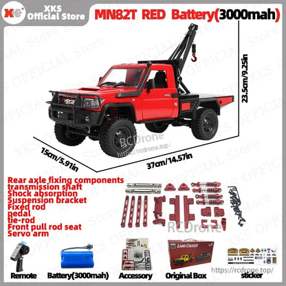 The XKS MN82T RED Battery RC Pickup Crane is a 1:12 scale, 4WD off-road climber with 2.4G control, remote hook, LiPo battery, and realistic design, ideal for rugged terrain and precision driving.