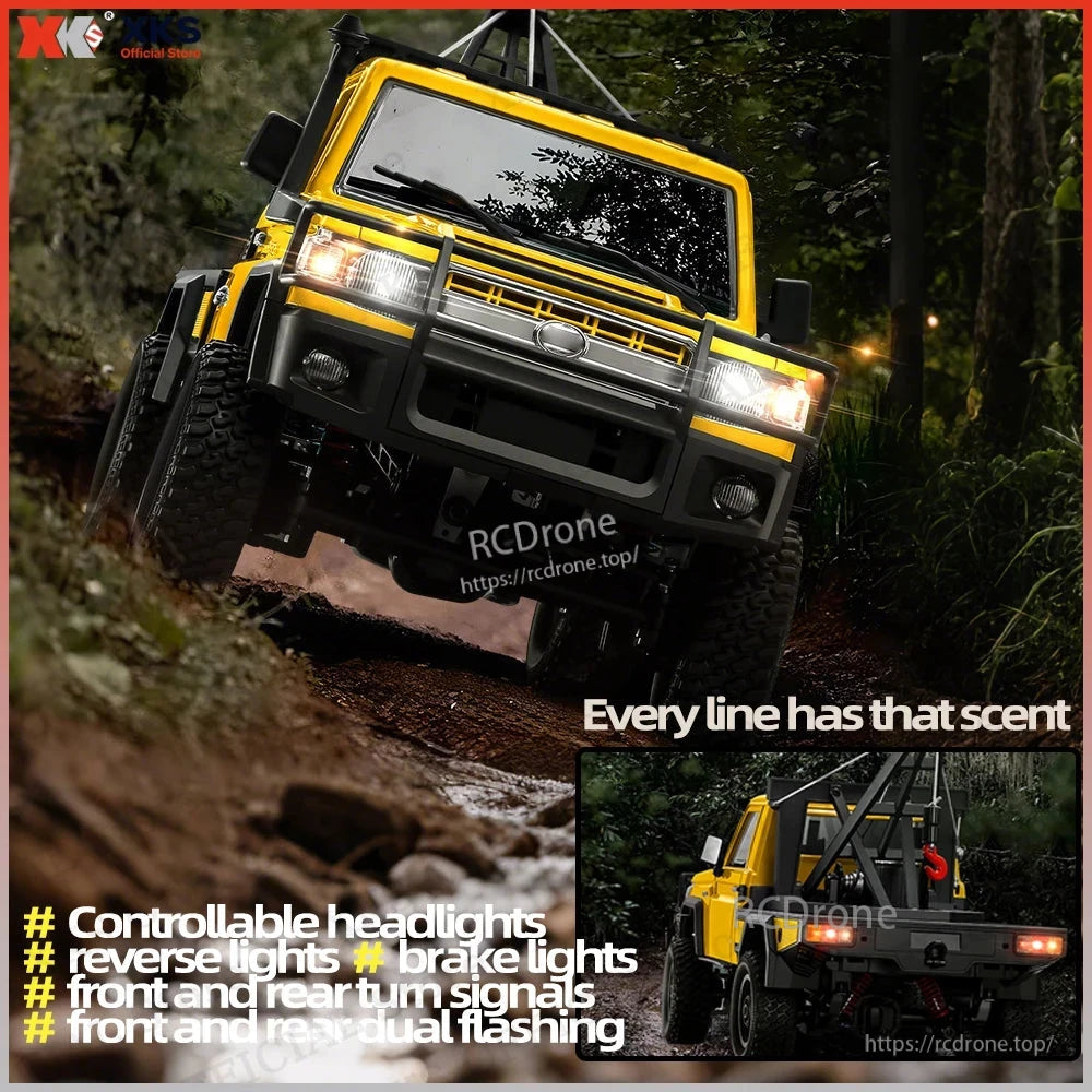 XKS MN82T 1:12 scale 4WD RC pickup crane with 2.4G control, 7.4V LiPo battery, 50m range, remote hook, and functional LED lights including headlights, brake, turn signals, and dual flashing.