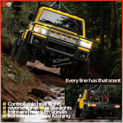 XKS MN82T 1:12 scale 4WD RC pickup crane with 2.4G control, 7.4V LiPo battery, 50m range, remote hook, and functional LED lights including headlights, brake, turn signals, and dual flashing.