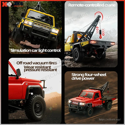 XKS MN82T 1:12 scale 4WD RC pickup crane with 2.4G control, LiPo battery, 50m range, off-road capability, simulation lights, vacuum tires, and remote hook.