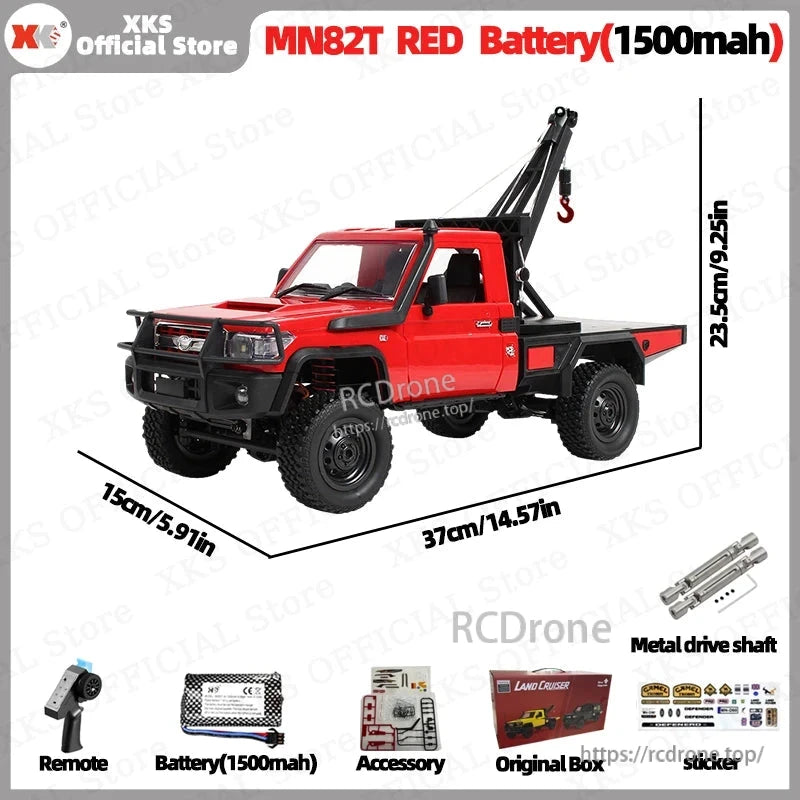 MN82T RED 1:12 scale 4WD off-road RC crane with 2.4G control, 7.4V LiPo battery, metal shaft, rugged tires, remote hook, 50m range; includes accessories and box—durable, compact, high-performance for outdoor use.