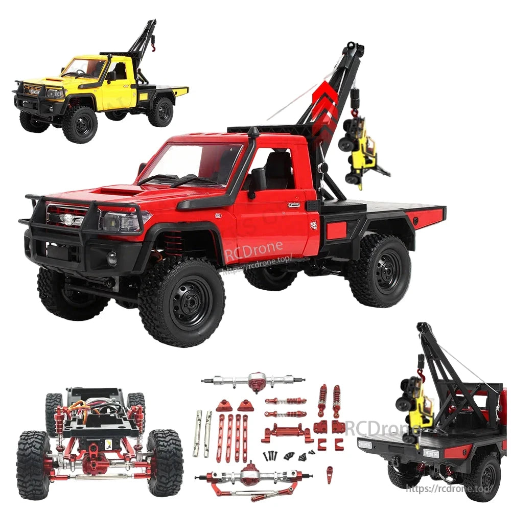 The product is a remote-controlled pickup crane with 4WD, 2.4G control, and a 50m range.