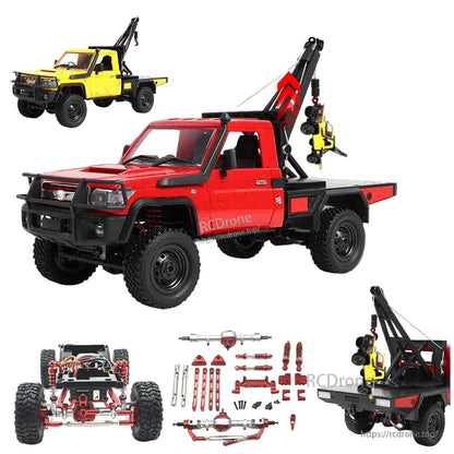 The product is a remote-controlled pickup crane with 4WD, 2.4G control, and a 50m range.