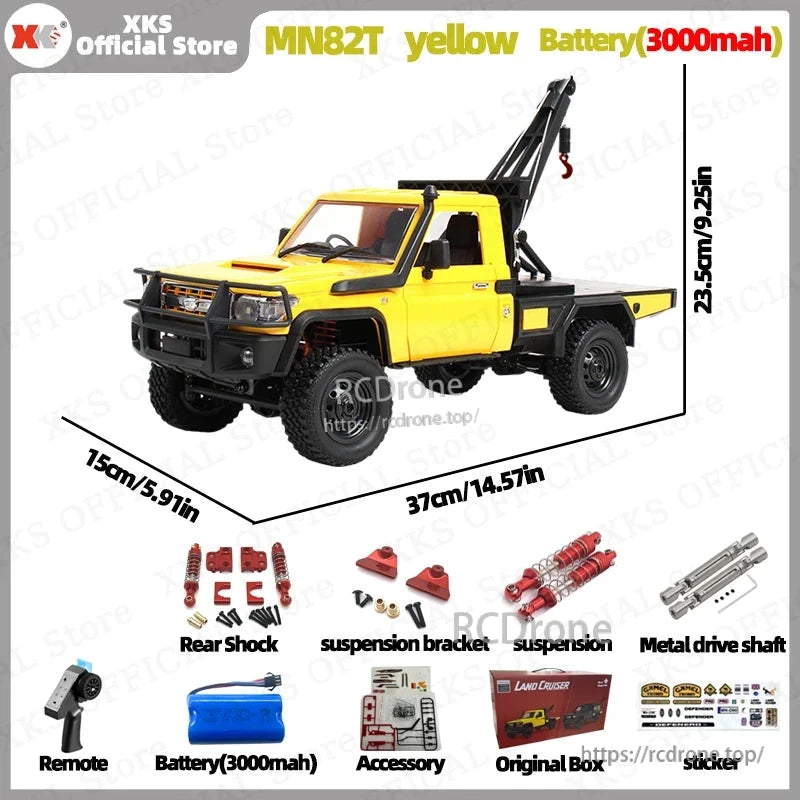 XKS MN82T 1:12 scale yellow RC pickup crane with 4WD, 2.4G control, 3000mAh LiPo battery, 50m range, off-road capability, shocks, suspension, metal shaft, accessories, box, and stickers included.