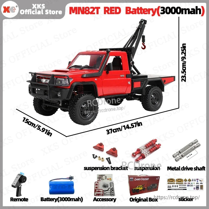 1:12 scale 4WD off-road RC crane with 2.4G control, LiPo battery, remote hook, metal parts, and durable design for realistic climbing adventures.