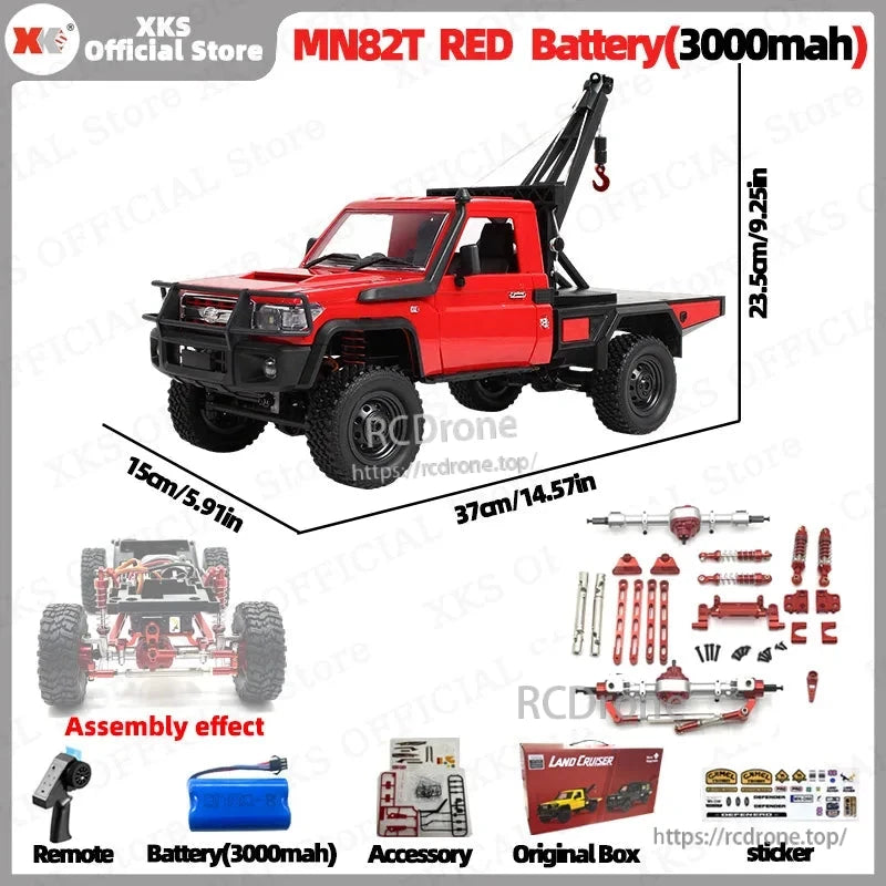 XKS MN82T RED 1:12 scale 4WD RC crane with 3000mAh LiPo battery, 2.4G remote, 50m range, off-road capability; includes accessories, box, and stickers.