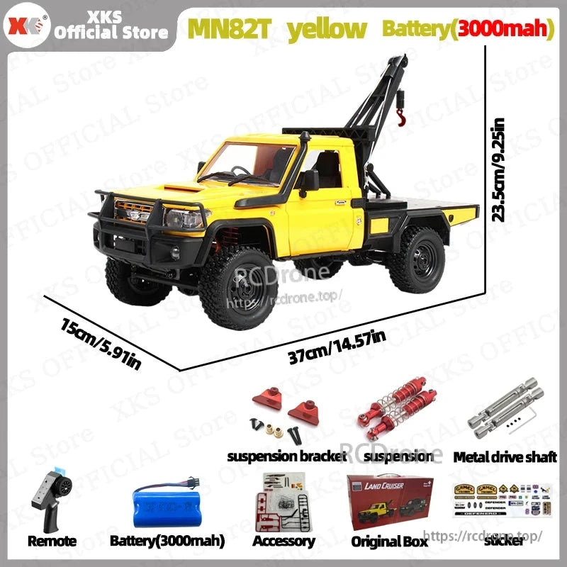 The MN82T yellow RC pickup crane features 4WD, 2.4G control, 50m range, realistic design, and durable off-road performance with detailed components and accessories included.