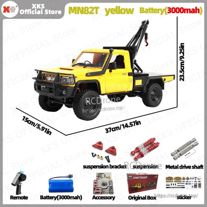 The MN82T yellow RC pickup crane features 4WD, 2.4G control, 50m range, realistic design, and durable off-road performance with detailed components and accessories included.