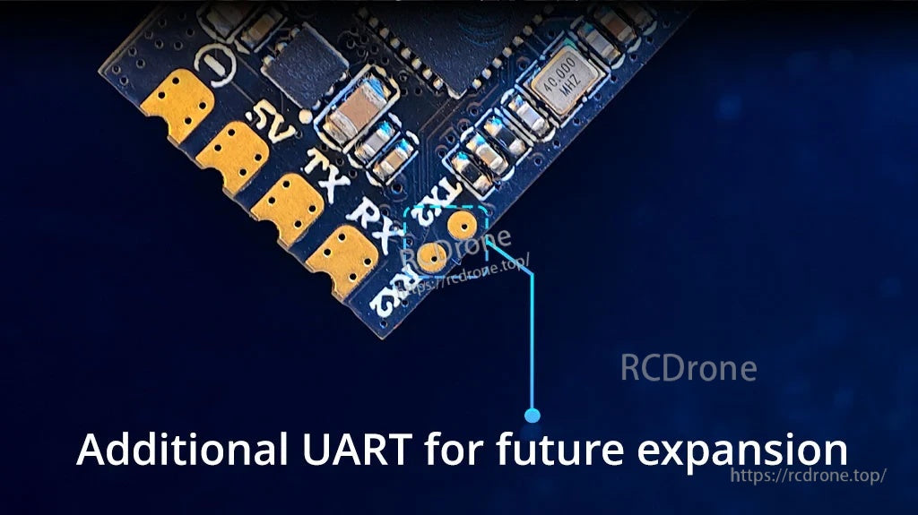Close-up of XR1 receiver solder pads highlighting secondary UART TX2/RX2 for future expansion