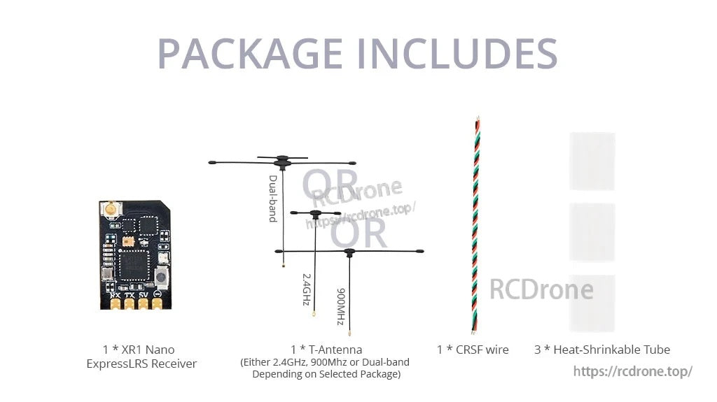 Package contents: XR1 Nano receiver, selected T-antenna, CRSF wire, three heat-shrink tubes, manual card