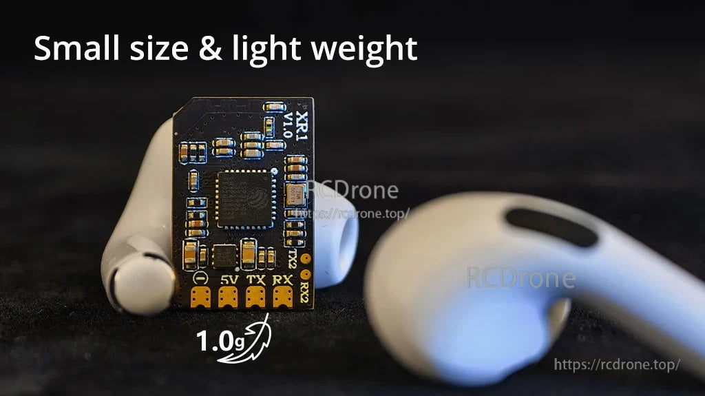 Ultra-compact XR1 Nano receiver next to earbuds highlighting small size and 1.0g lightweight design