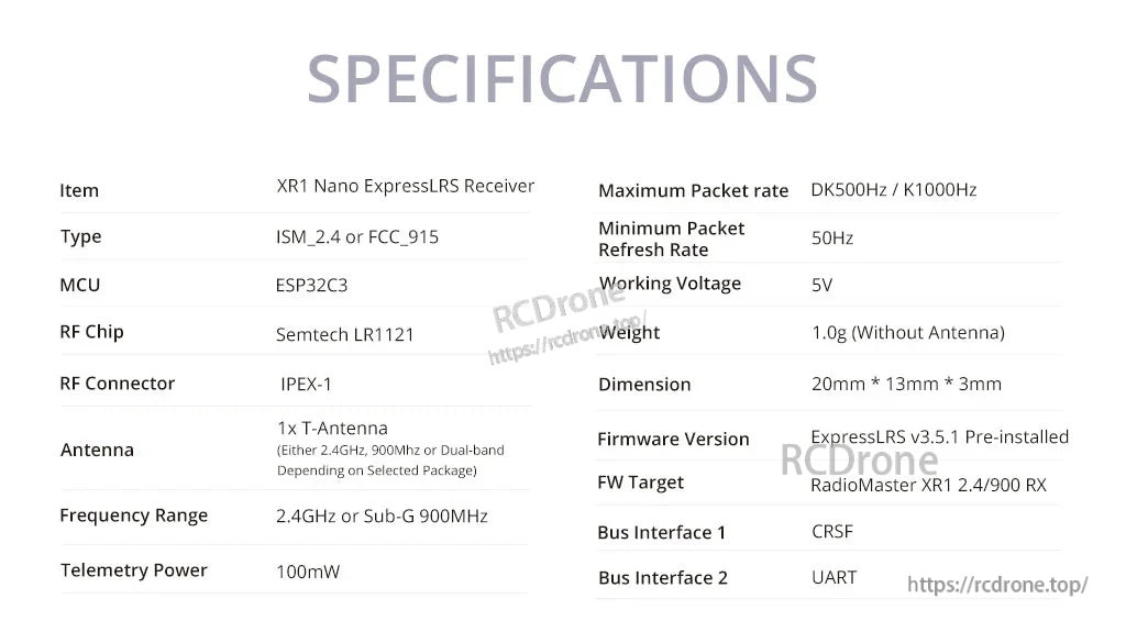 XR1 Nano ExpressLRS receiver specifications table: ESP32C3, LR1121, IPEX-1, 5V, 100mW telemetry