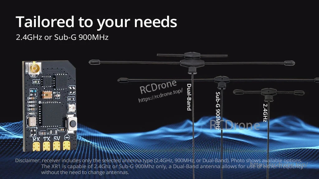 XR1 Nano receiver with 2.4GHz, 900MHz and dual-band T-antenna options for RC builds