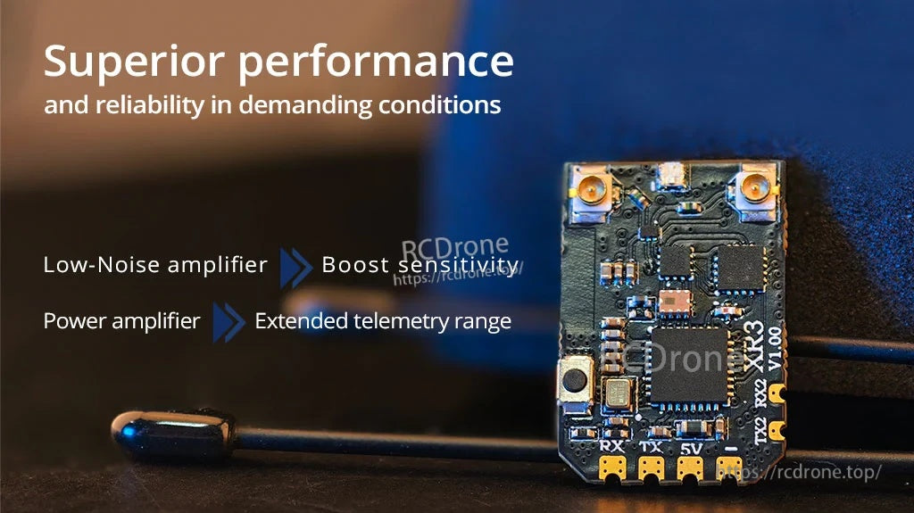 RadioMaster XR3 Nano receiver close-up highlighting low-noise amplifier and power amplifier for sensitivity and telemetry