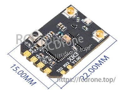 XR3 Nano receiver dimensions callout showing 22mm by 15mm board size