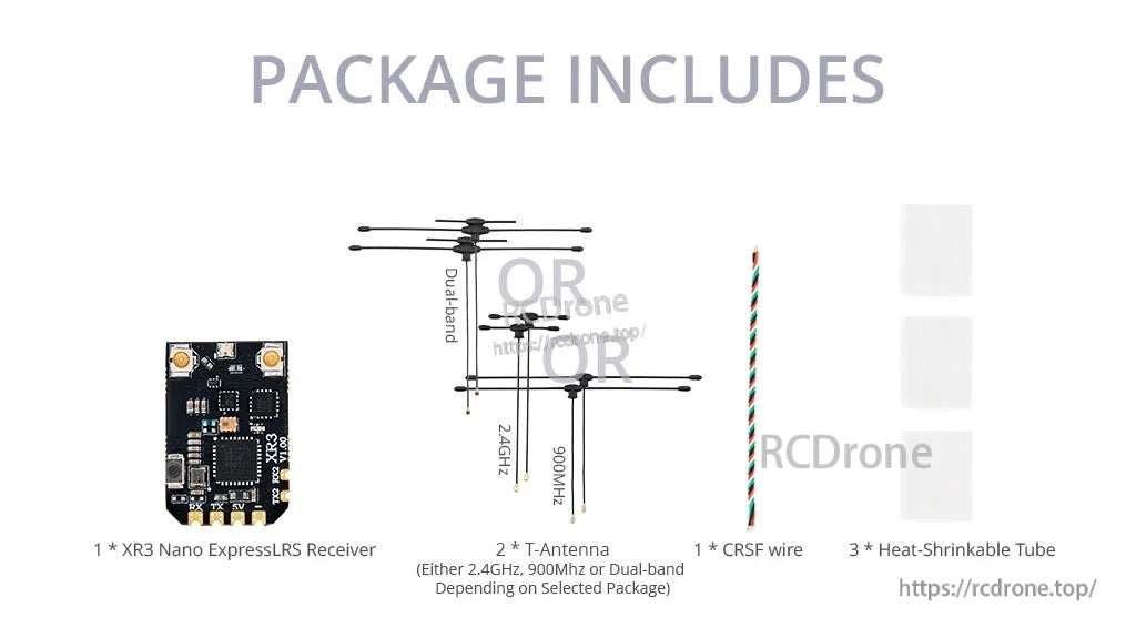 Package contents: XR3 Nano ExpressLRS receiver, two T-antennas, CRSF wire, and heat-shrink tubes
