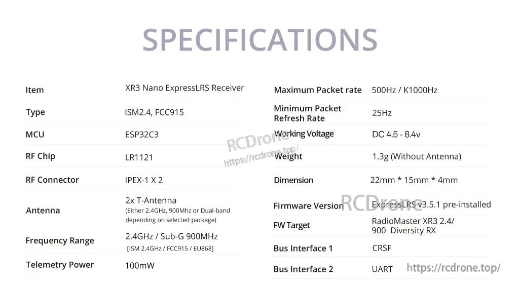 XR3 Nano ExpressLRS receiver specifications table with LR1121, ESP32C3, 1.3g weight, and 22×15×4mm size