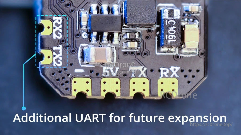 XR3 Nano receiver solder pad close-up with labeled RX, TX, 5V and extra TX2/RX2 UART pads