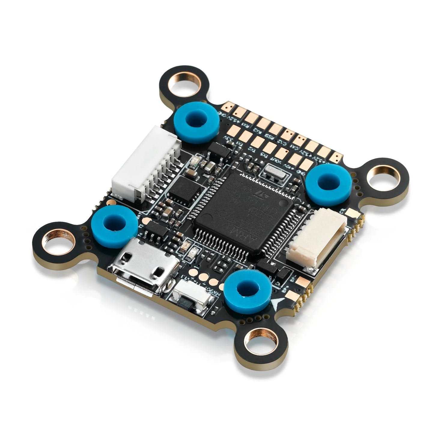 Hobbywing XRotor F7 flight controller board with USB-C port, JST plugs, and four soft-mounted grommet holes
