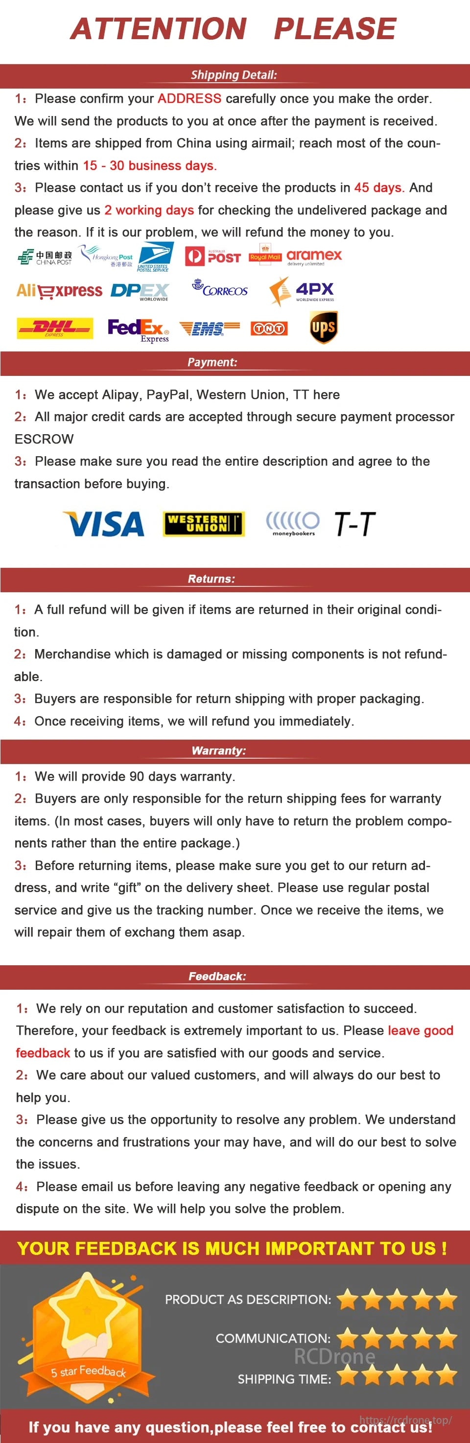 XSPEED 1606 Brushless Motor, XSPEED 1606 Motor offers clear shipping, payment, returns, warranty, and feedback guidelines to ensure customer satisfaction with comprehensive support.