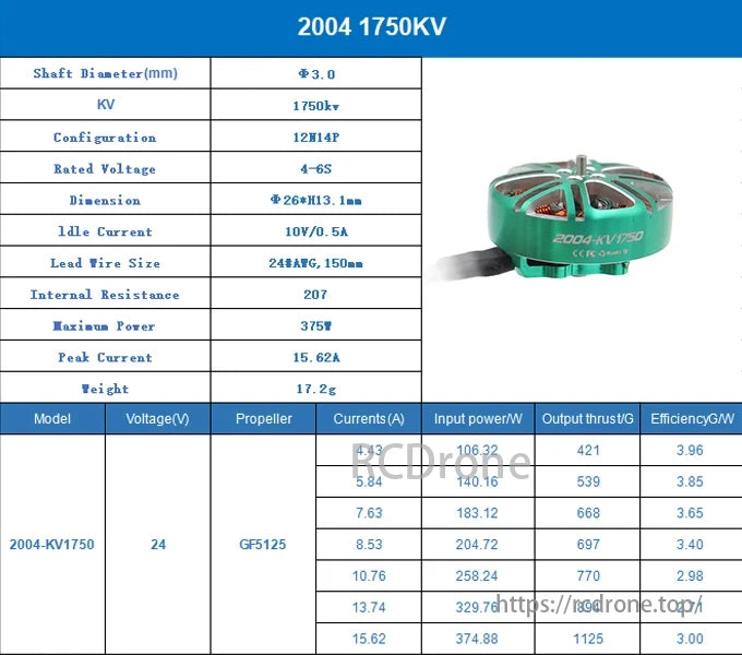 XSPEED 2004 brushless motor features 3.0mm shaft, 1750KV, 12N14P, 4-6S, 26x13.1mm size, 375W max power, and weighs 17.2g.
