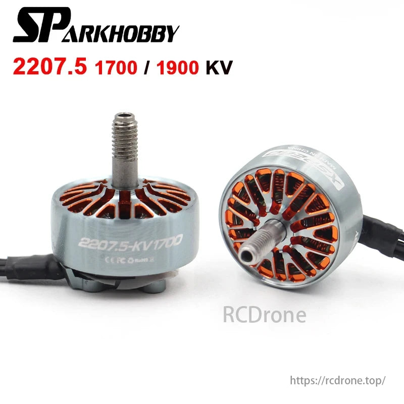 XSPEED 2207.5 motor, available in 1700/1900 KV, features silver color with orange coils for drones.