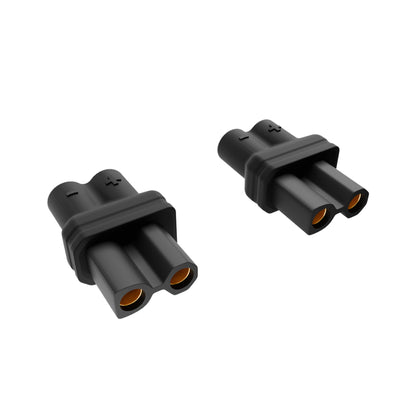 Pair of black XT30-style battery connectors with gold-plated terminals and +/− polarity markings