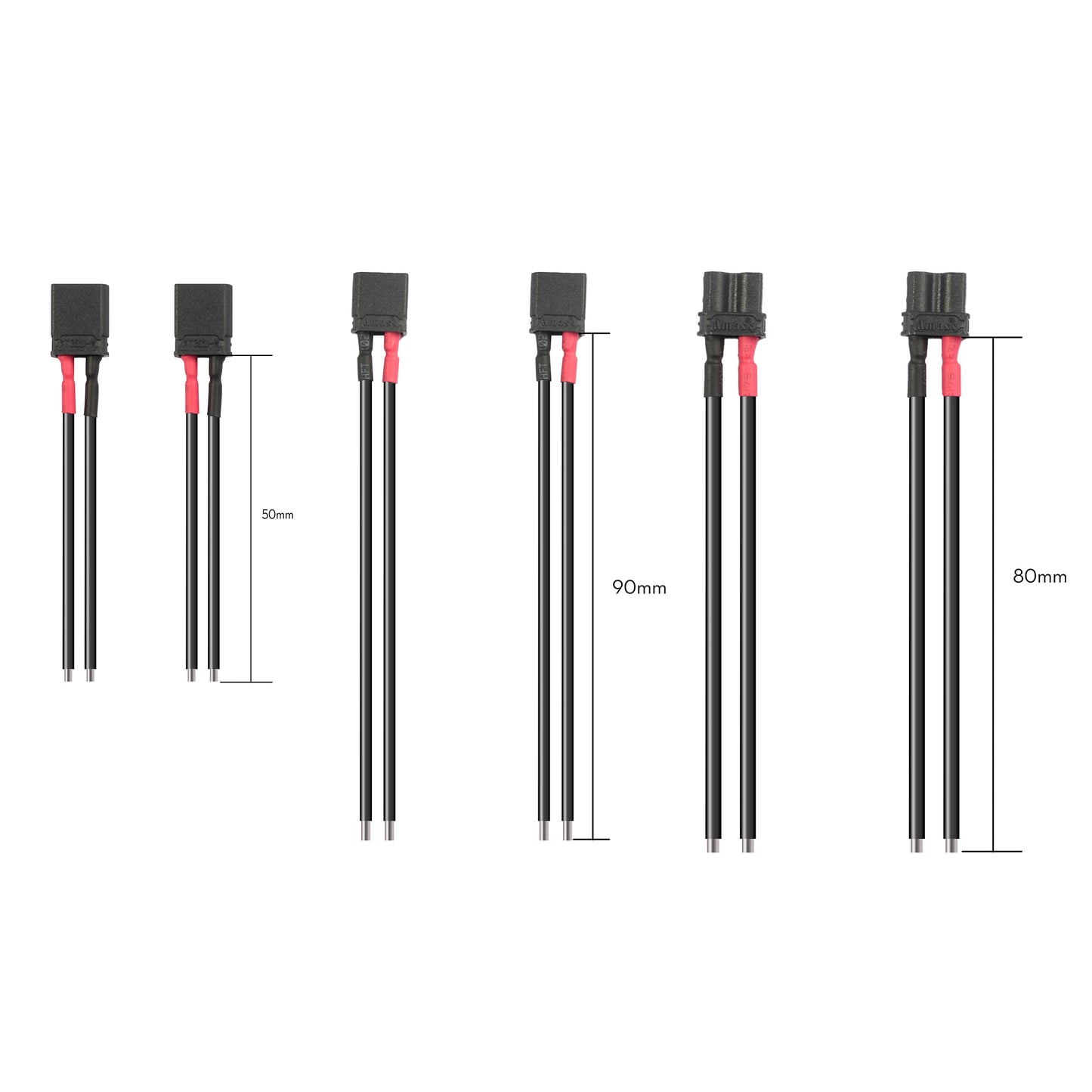 Flywoo XT30U male and female pigtail connectors with red/black leads in 50mm, 80mm and 90mm lengths