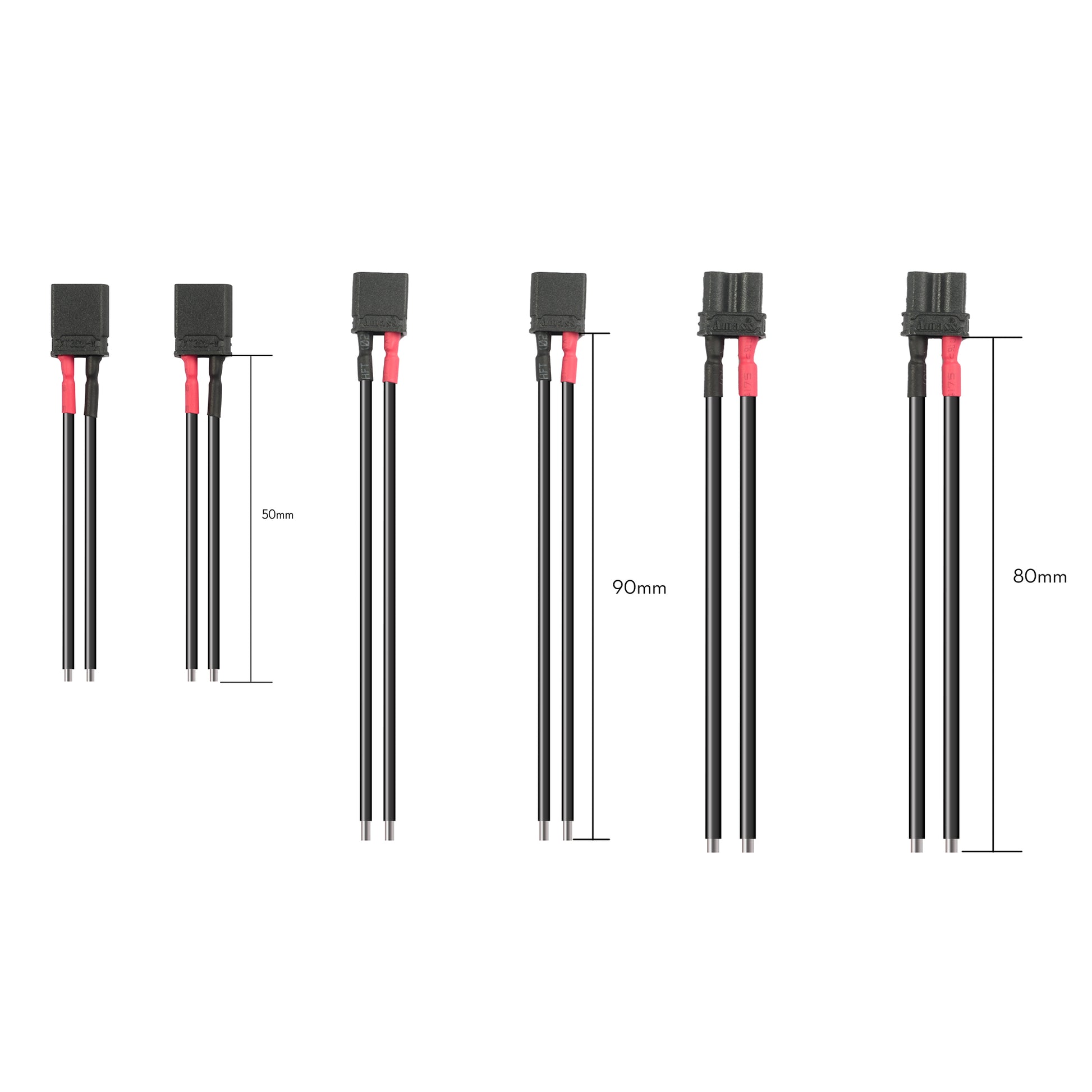 Flywoo XT30U male and female pigtail connectors with red/black leads in 50mm, 80mm and 90mm lengths