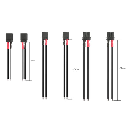 Flywoo XT30U male and female pigtail connectors with red/black leads in 50mm, 80mm and 90mm lengths