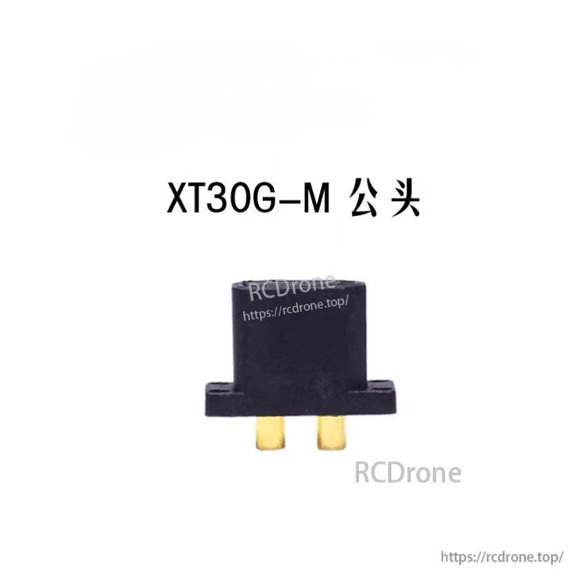 XT30G-M male plug connector with black housing, two gold pins, and side mounting tabs