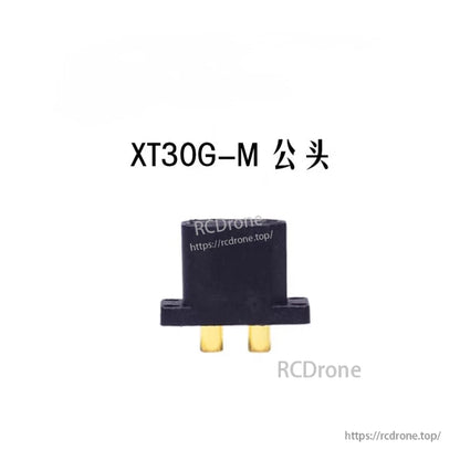 XT30G-M male plug connector with black housing, two gold pins, and side mounting tabs