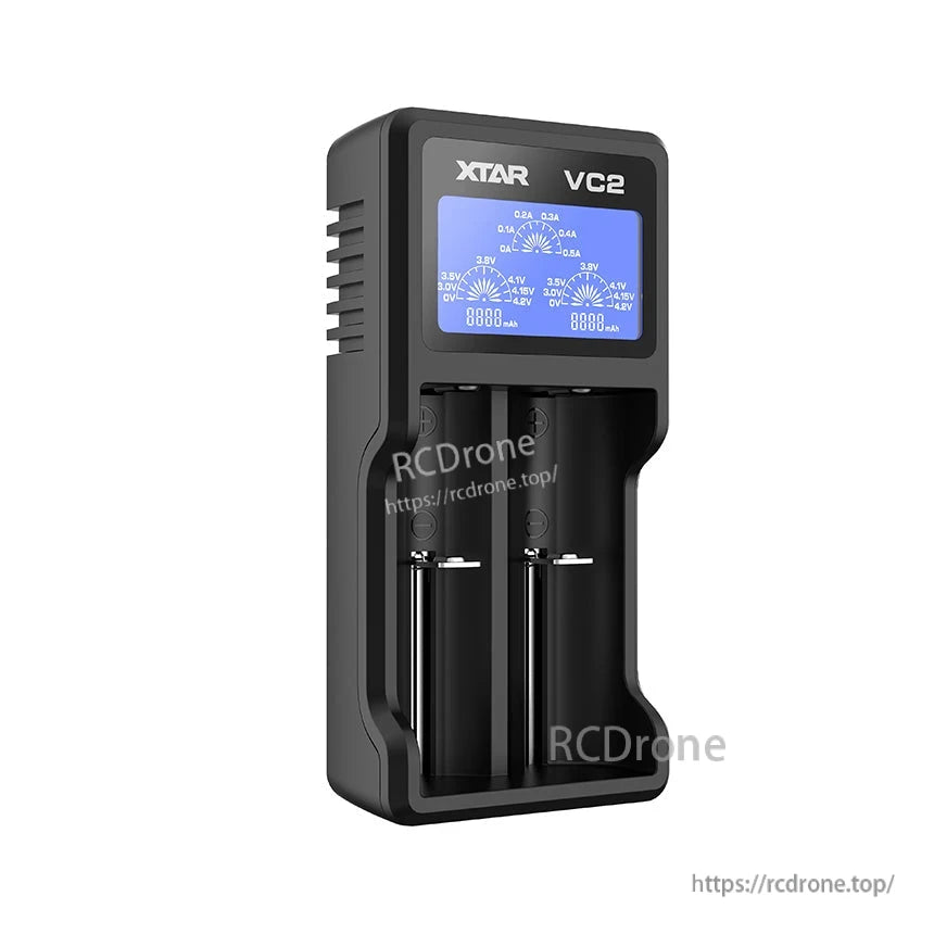 Side-angled view of the VC2 charger showing left ventilation grooves, LCD display, and two bays