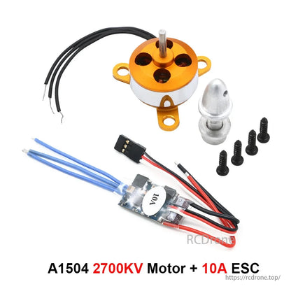 A1504 2700KV motor kit for RC drones, including mount, 10A ESC, wires, connector, prop adapter, and screws.