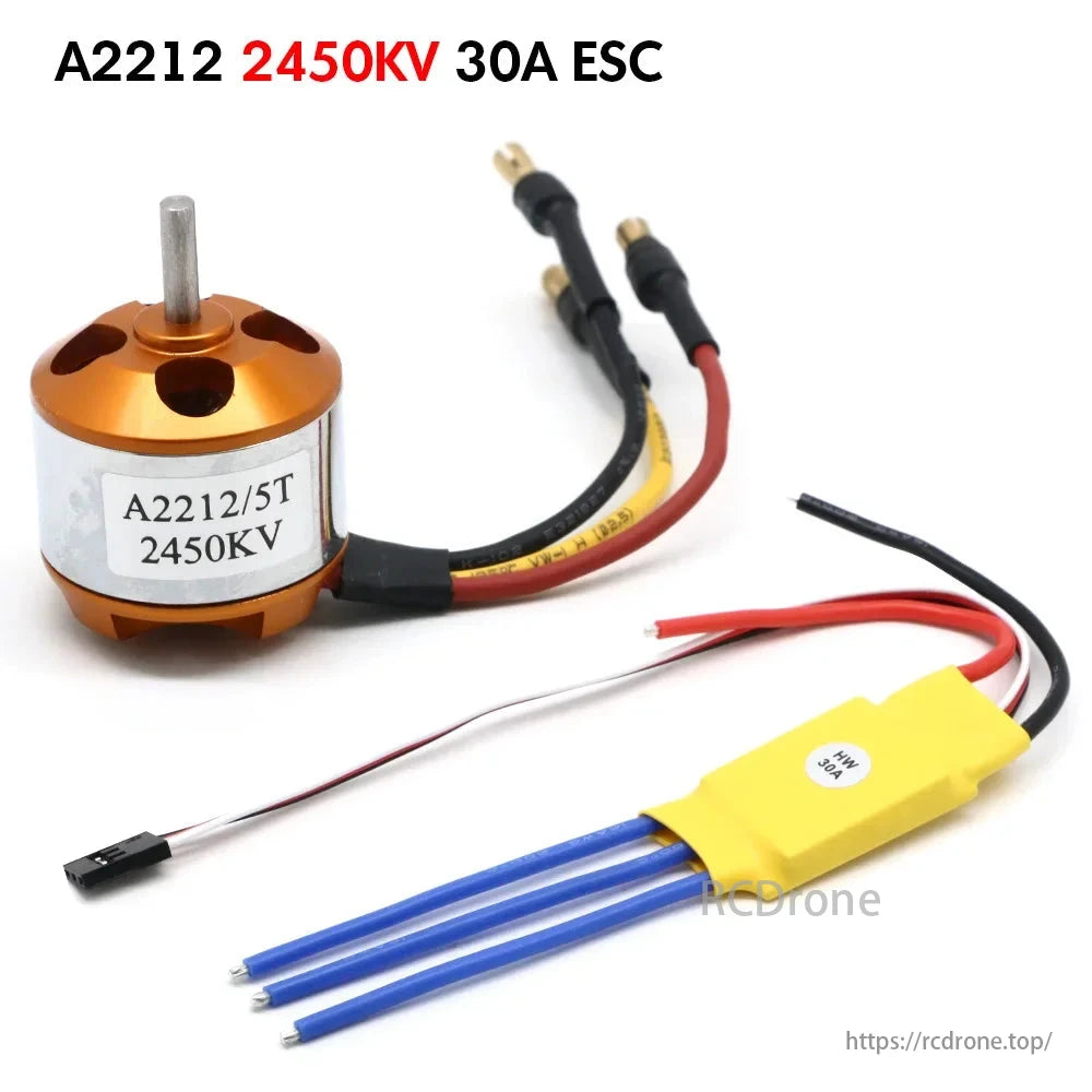 A2212 2450KV brushless motor paired with 30A ESC, ideal for FPV drones.