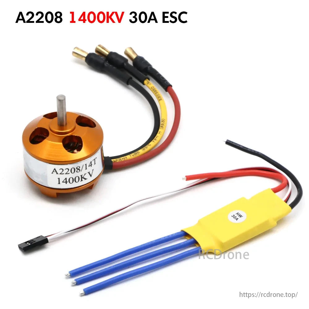 A2208 1400KV motor with 30A ESC for FPV drone aircraft.