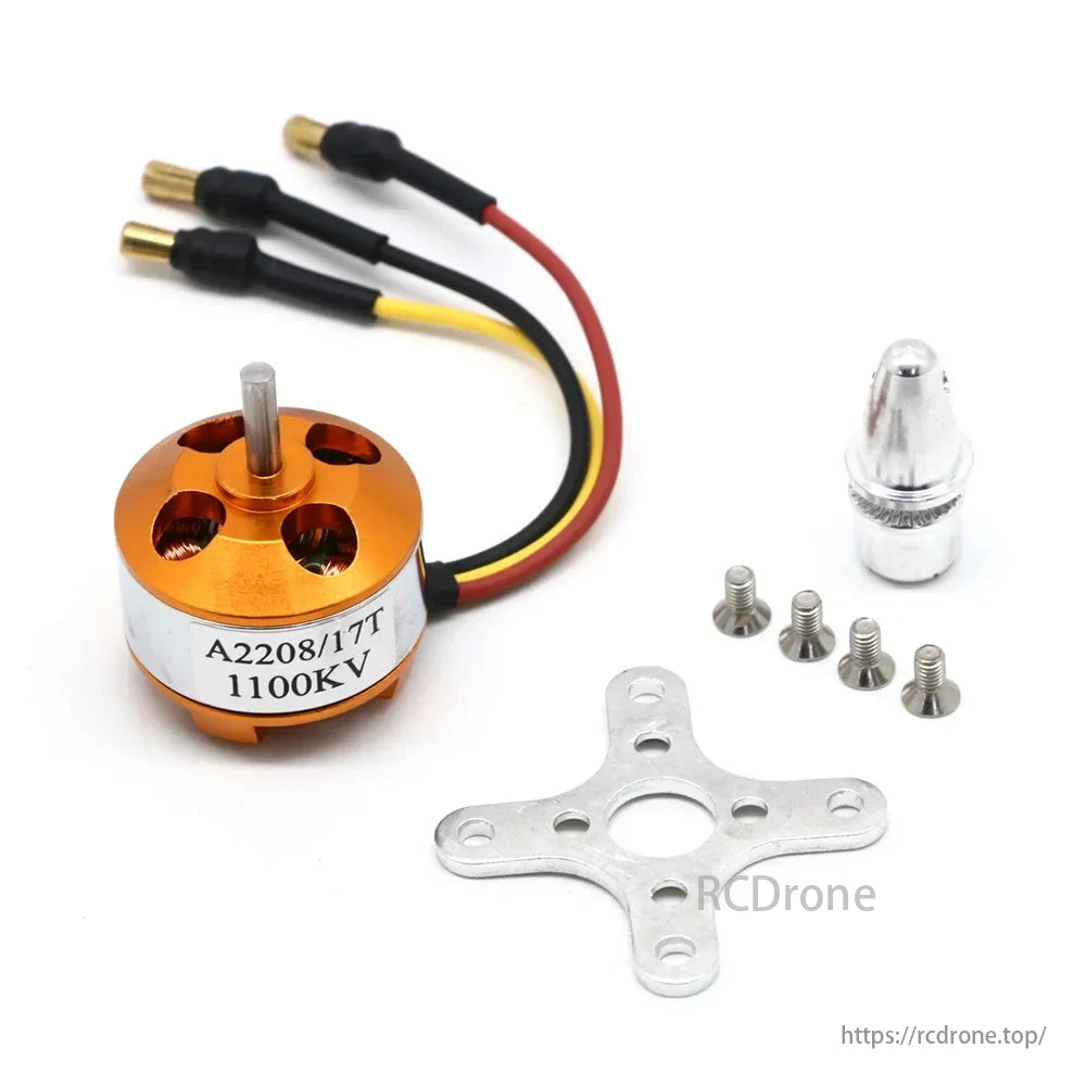 A2208/17T 1100KV brushless motor kit for FPV drones, including three wires, mounting plate, screws, and metallic cap.