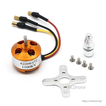 A2208/17T 1100KV brushless motor kit for FPV drones, including three wires, mounting plate, screws, and metallic cap.