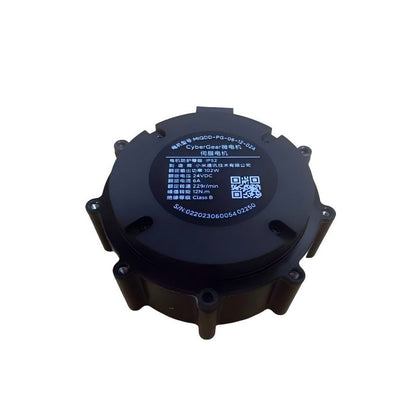 Xiaomi CyberGear servo motor rear face with specification label and QR code sticker