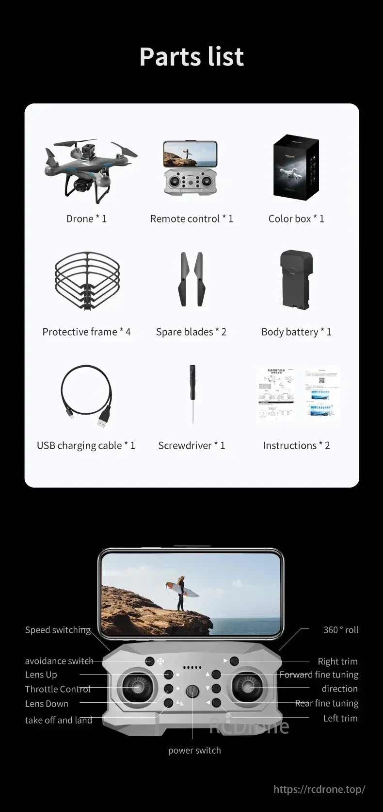 Xiaomi KY102 Drone, Drone parts list and remote control features: speed switching, avoidance, throttle control, power switch, with included accessories and instructions.