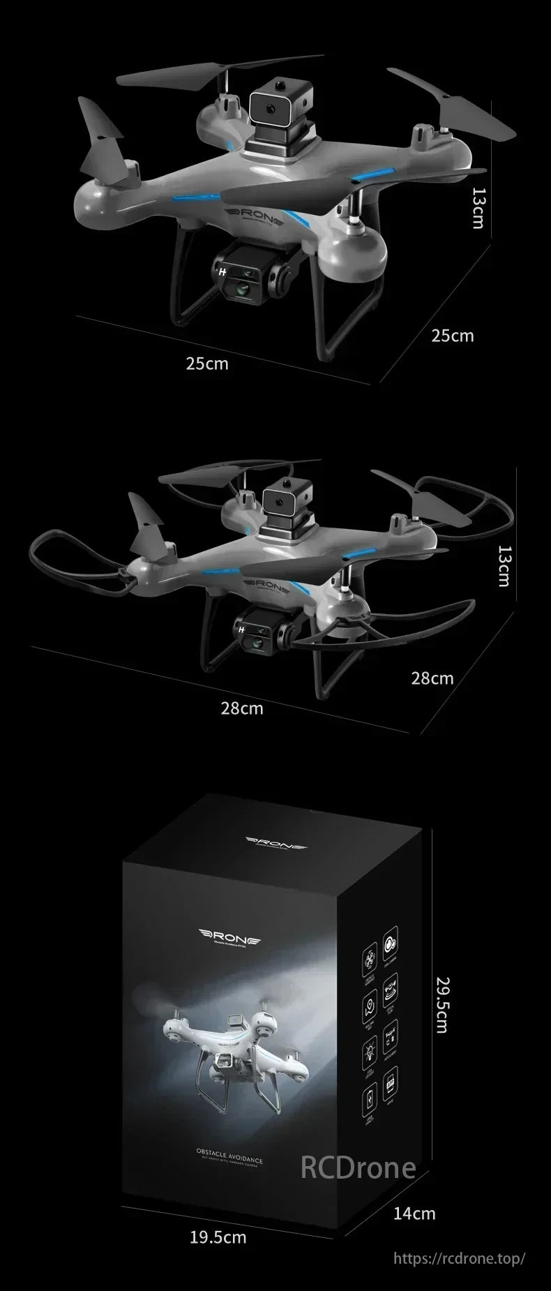 Xiaomi KY102 Drone, Drone dimensions are 25cm x 13cm and 28cm x 13cm, with packaging size 19.5cm x 14cm x 29.5cm.