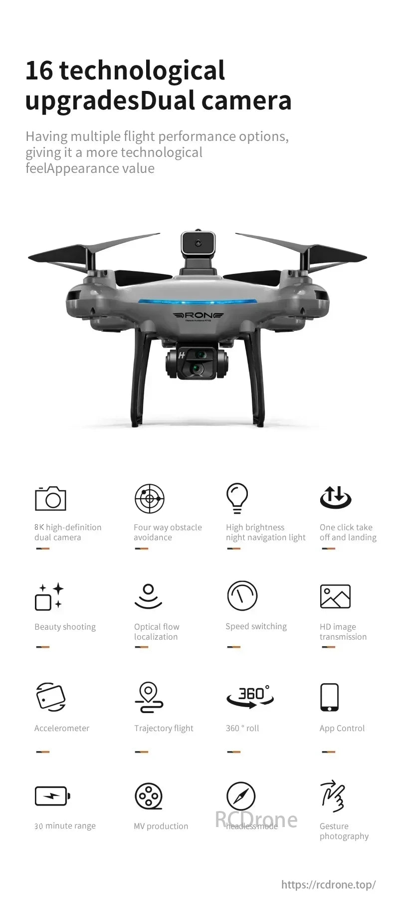 Xiaomi KY102 Drone, The drone has 16 tech upgrades, dual 8K cameras, obstacle avoidance, night lights, one-click takeoff/landing, beauty mode, optical flow, speed switching, and HD transmission.