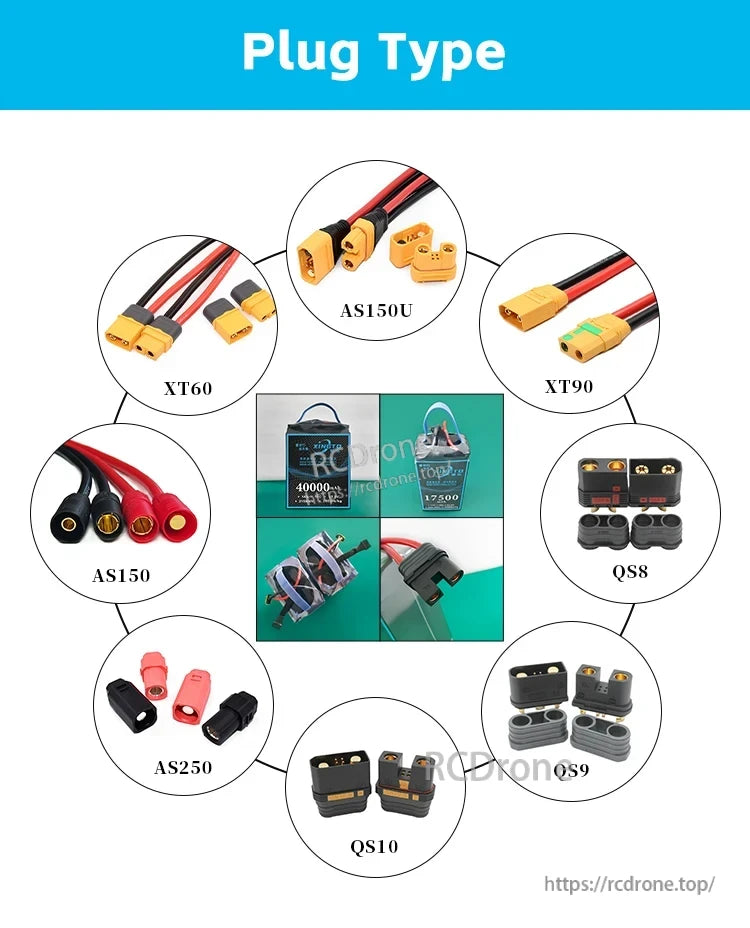 Xingto 14S 3700mAh drone battery compatible with XT60, AS150U, XT90, AS150, QS8, AS250, QS9, and QS10 plug types.