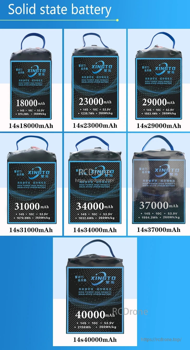 Xingto 14S 3700mAh Drone Battery, Xingto solid-state lithium batteries offer 14S, 53.9V, 18000–40000mAh capacities, 10C discharge, high power, and energy density up to 260Wh/kg.